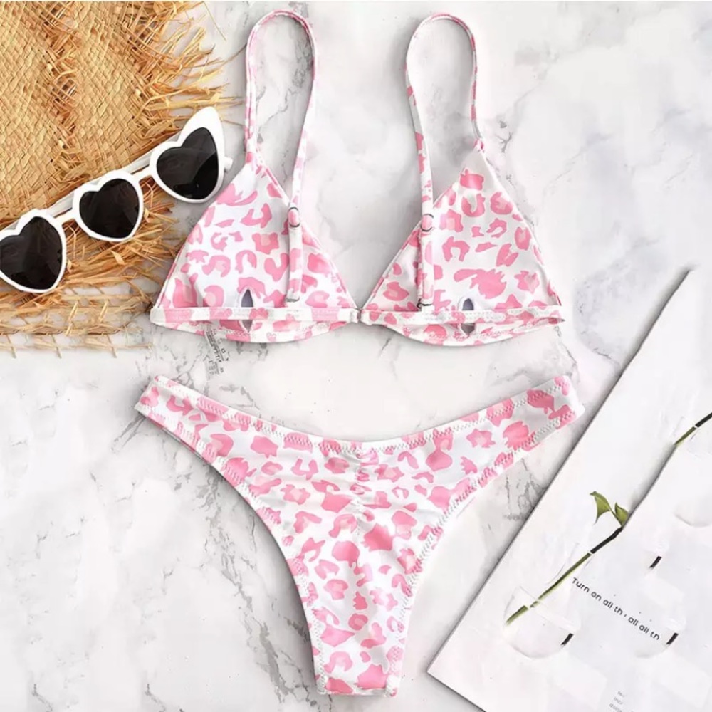 CLEARANCE Pink Leopard Animal Printed Triangle 2Pc Bikini - Picture 2 of 4
